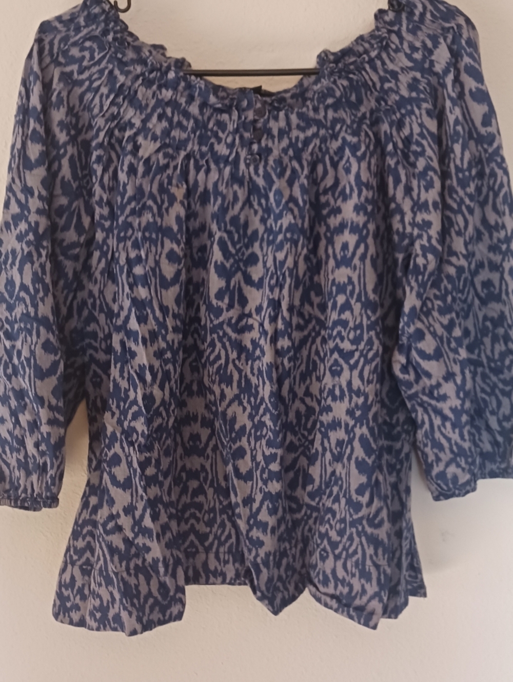 Talbots Womens Blue Cotton Print Top Size 1XP Boat Neck 3/4 Sleeve